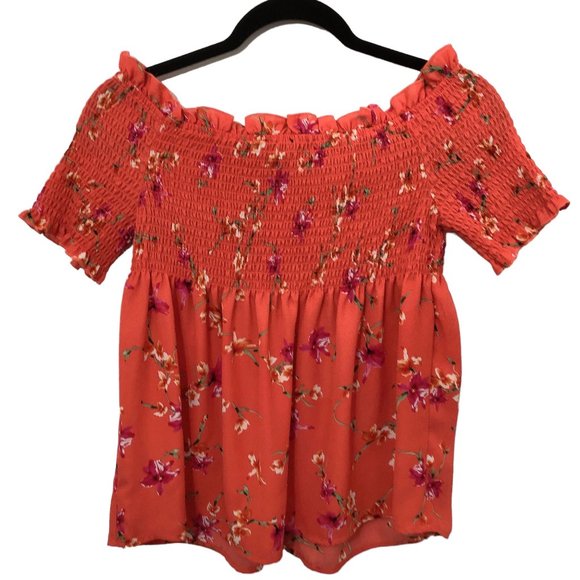 Atmosphere Off the Shoulder Smocked Red Orange Floral Top 4 - Picture 2 of 8